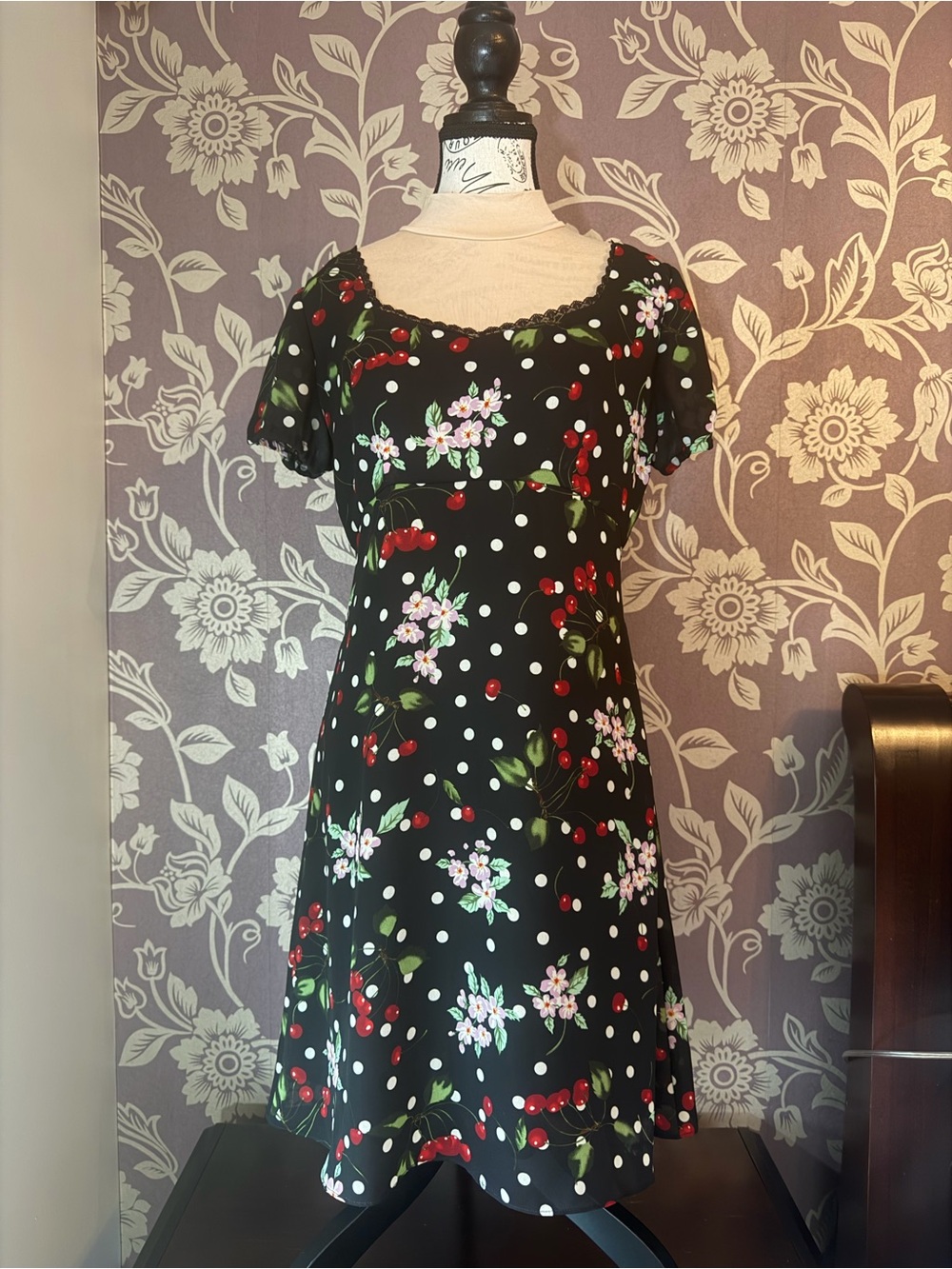 Ronni Nicole Petite by Ouida Retro Black Cherry Floral Polka Dot A-Line Dress